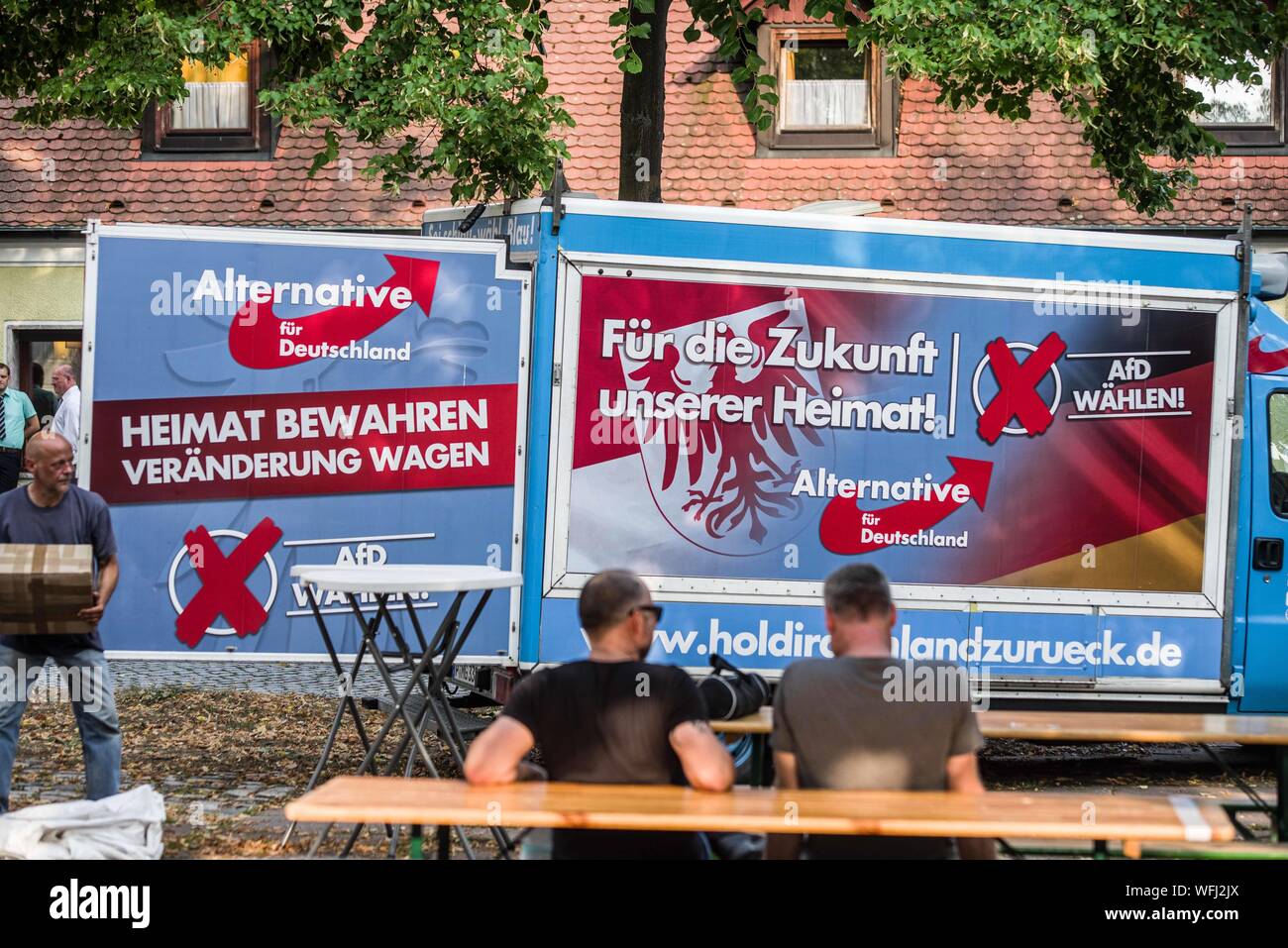 Koenigs Wusterhausen, Brandenburg, Germany. August 30, 2019, Koenigs Wusterhausen, Brandenburg, Germany: Aiming to be the strongest party in the eastern state of Brandenburg, Germany, the AfD held a Wahlparty (election party) at Koenigs Wusterhausen. In attendance were figures such as Andreas Kalbitz, who was recently outed with connections to right-extremist circles, Bjoern Hoecke, the embattled grounder of the AfD in Thueringen, and Joerg Urban, an extreme-rightist of the AfD in Saxony. Joerg Meuthen of the AfD in the European Parliament did not appear, despite being announced. (Credit Ima Stock Photo