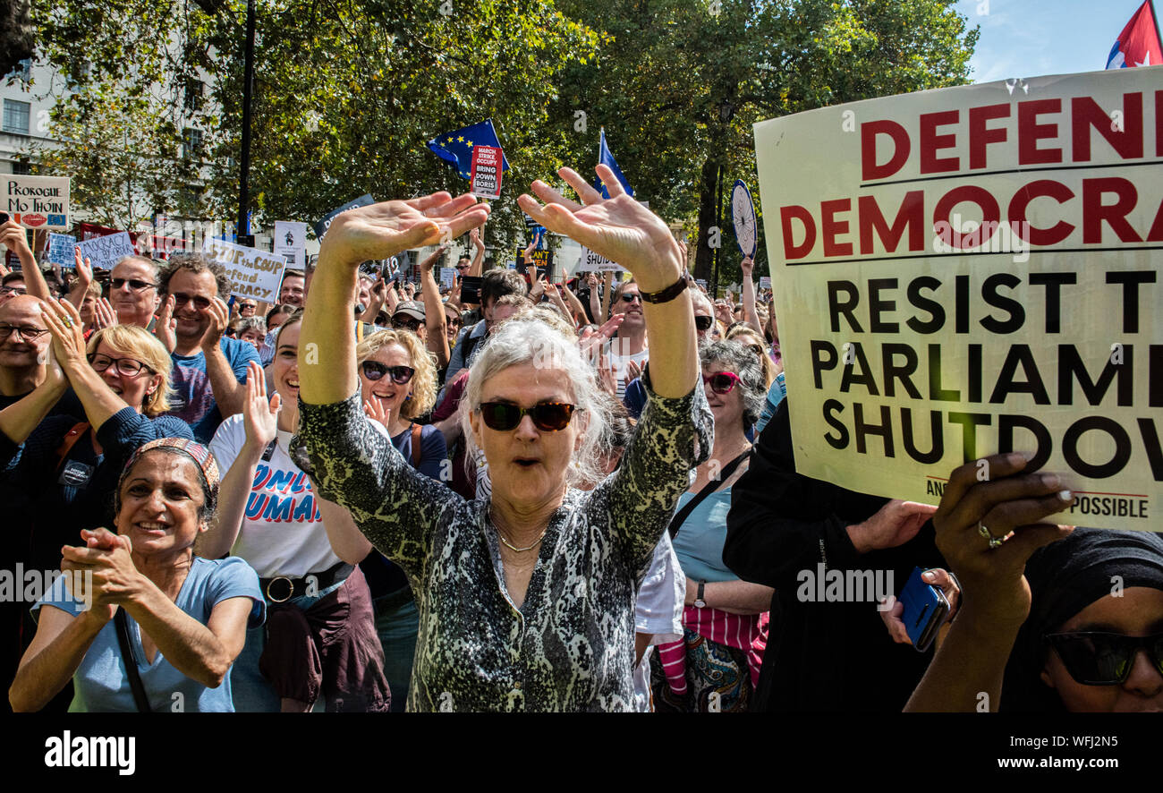 Thousands of protesters at ‘Stop the Coup, Defend Democracy’ protest outside Downing Street, Central London, UK, 31 August 2019 Stock Photo