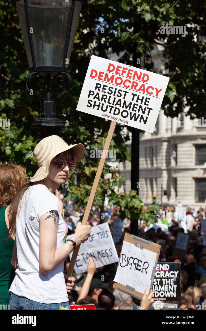 Tens of thousands of pro-democracy protestors turned out at Downing Street, filling Whitehall from Parliament Square to Trafalgar Square, to protest against the planned prorogation of Parliament and a possible No-Deal Brexit. Stock Photo