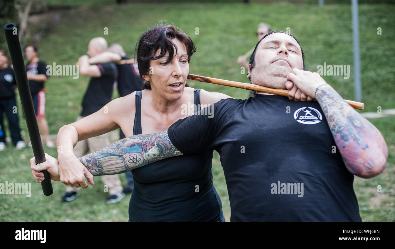 Instructor and student practice filipino escrima stick fighting technique. Martial  arts demonstration Stock Photo - Alamy