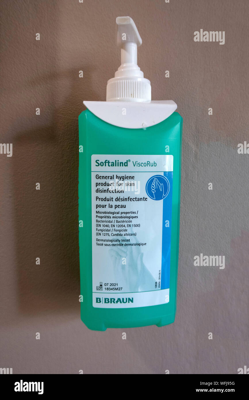 Disinfectant skin hygeine gel used in hospitals, Braun Softalind Viscorub Stock Photo