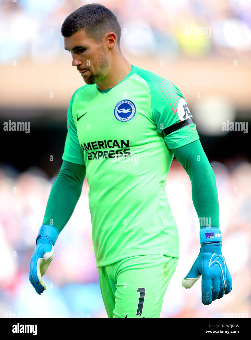 Brighton & Hove Albion goalkeeper Mathew Ryan appears dejected at the end of the Premier League match at the Etihad Stadium, Manchester. Stock Photo