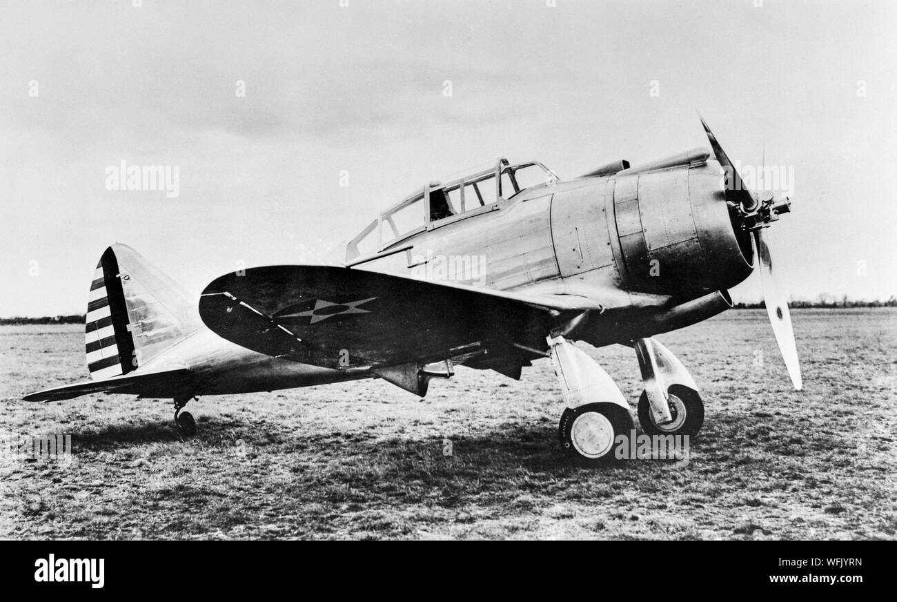 The Seversky P-35 fighter aircraft. The Seversky P-35 is an American fighter aircraft built by the Seversky Aircraft Company in the late 1930s. A contemporary of the Hawker Hurricane and Messerschmitt Bf 109, the P-35 was the first single-seat fighter in United States Army Air Corps to feature all-metal construction, retractable landing gear, and an enclosed cockpit. Stock Photo