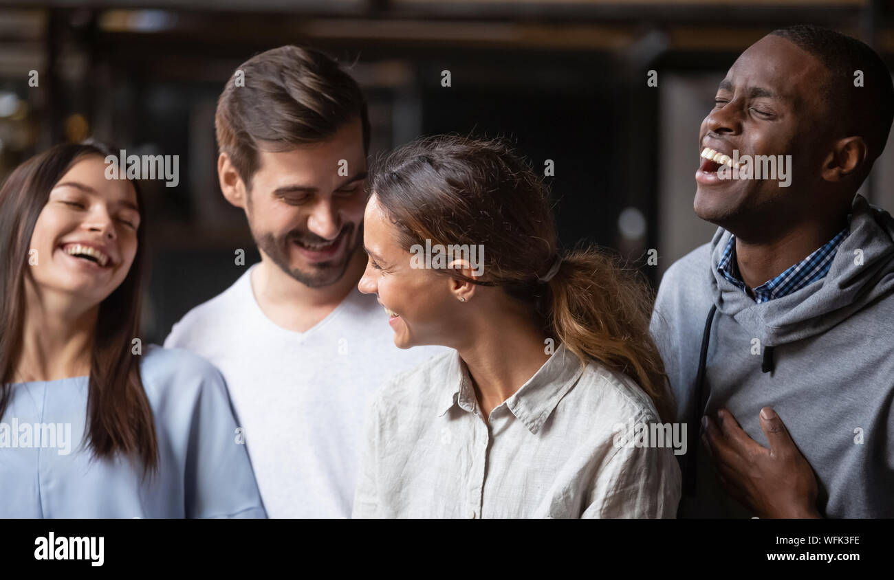 Happy multiracial friends group smiling bonding having fun together ...