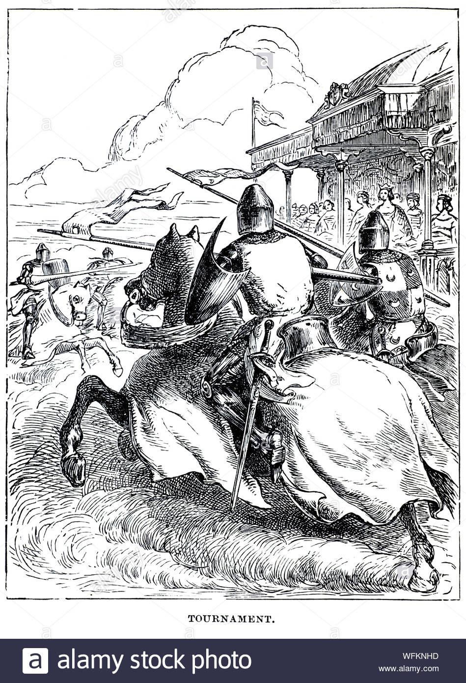 Tournament, Medieval Knights on horseback in battle, vintage illustration from 1900 Stock Photo