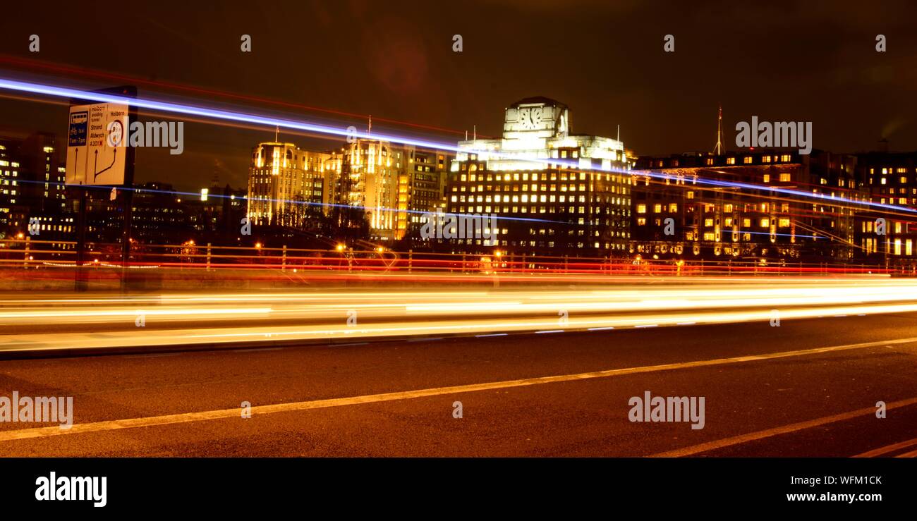 Waterloo bridge and Victoria Embankment at Night Stock Photo