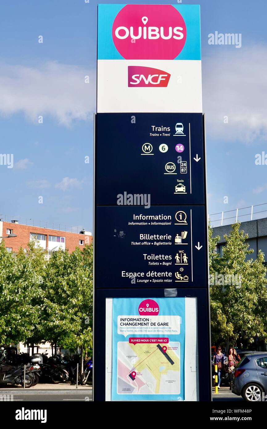 Ouibus, SNCF sign outside the Bercy train station showing relocation of the bus terminal, Paris, France Stock Photo