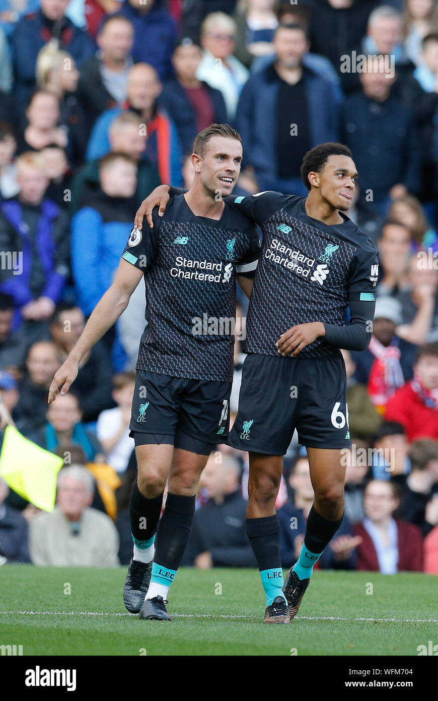 31st August 2019 Turf Moor Burnley Lanchashire England English Premier League Football Burnley Versus Liverpool Jordan Henderson And Trent Alexander Arnold Of Liverpool Celebrate After Chris Wood Of Burnley Deflected A Shot And
