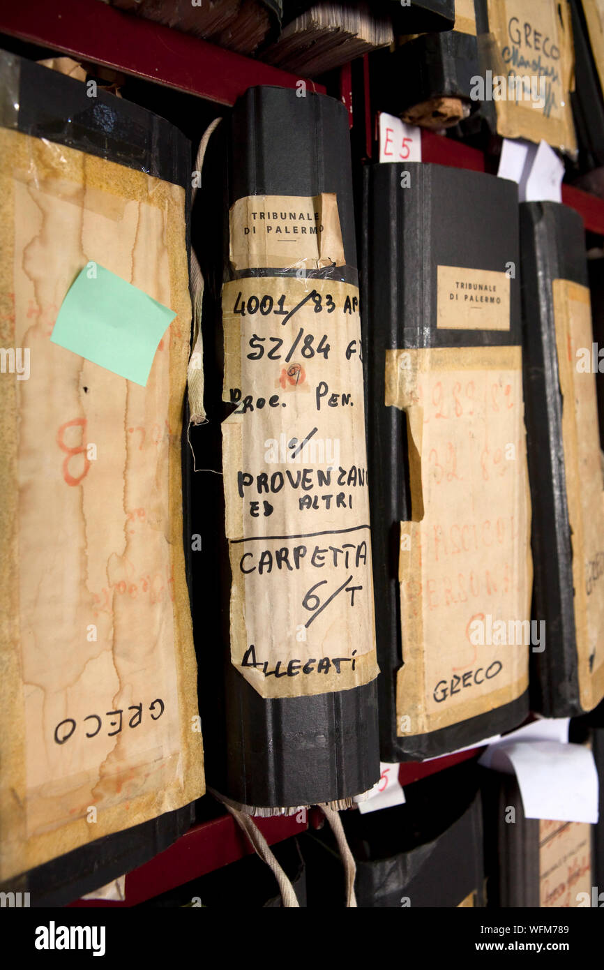 CORLEONE - Folders with documentation and evidence against the mafia from the court in Palermo are on display at the C.I.D.M.A Stock Photo
