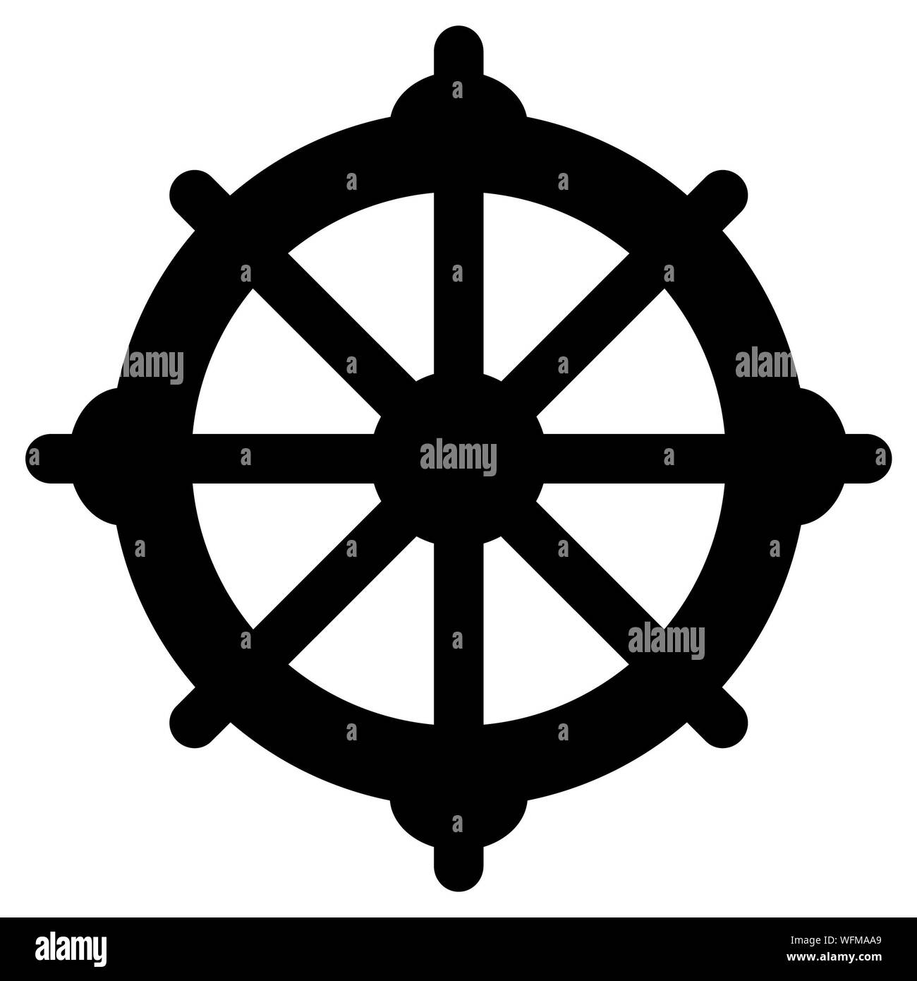 Eight-spoke Wheel of Dharma on a white background. Stock Photo