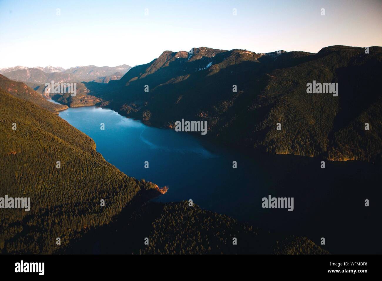 High Angle View Of Alouette Lake Amidst Mountains Stock Photo