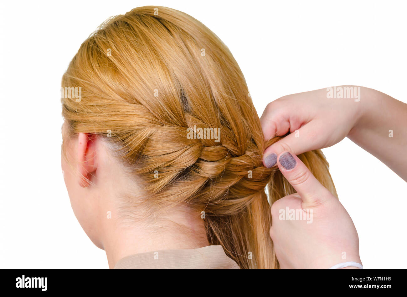 Cropped Hand Weaving Braid On Woman Hair Against White Background Stock  Photo - Alamy