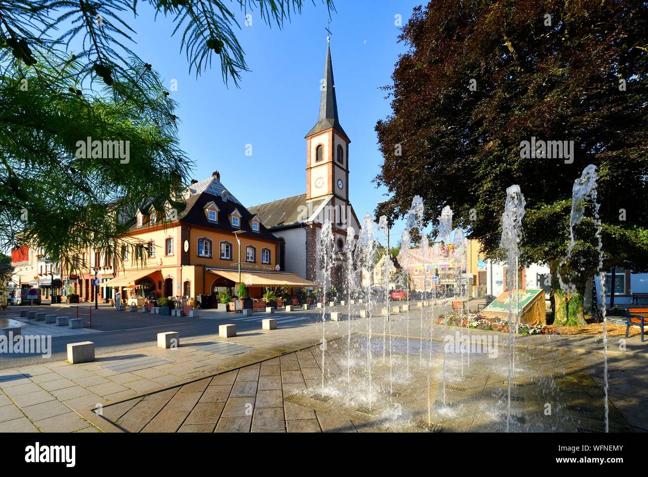 France, Bas Rhin, Niederbronn les Bains, place des Thermes and St John  church Stock Photo - Alamy