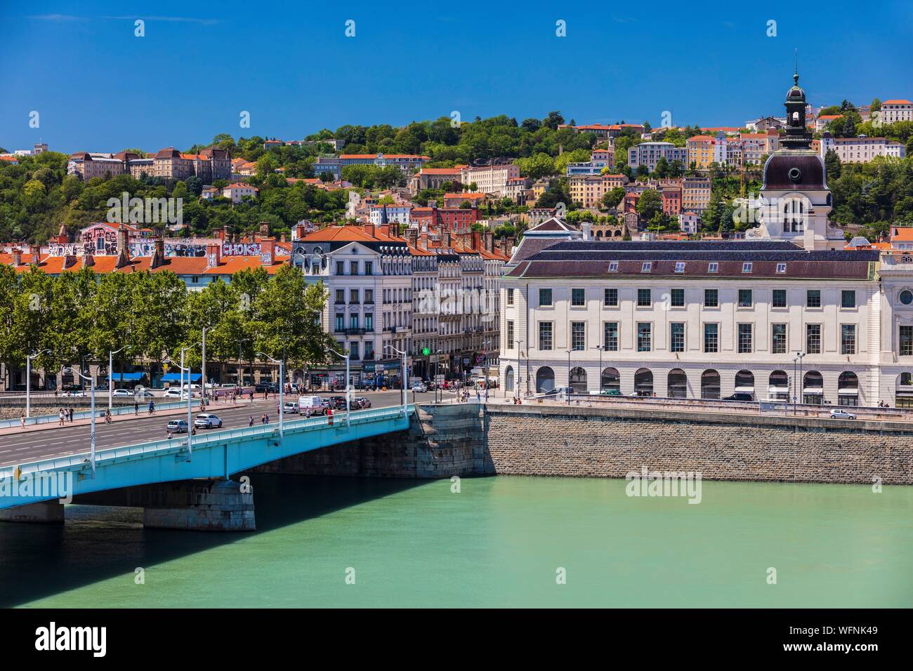 France, Rhone, Lyon, historical site listed as World Heritage by UNESCO, Rhone River banks with a view of the Guillotiere bridge and Hotel Dieu Stock Photo