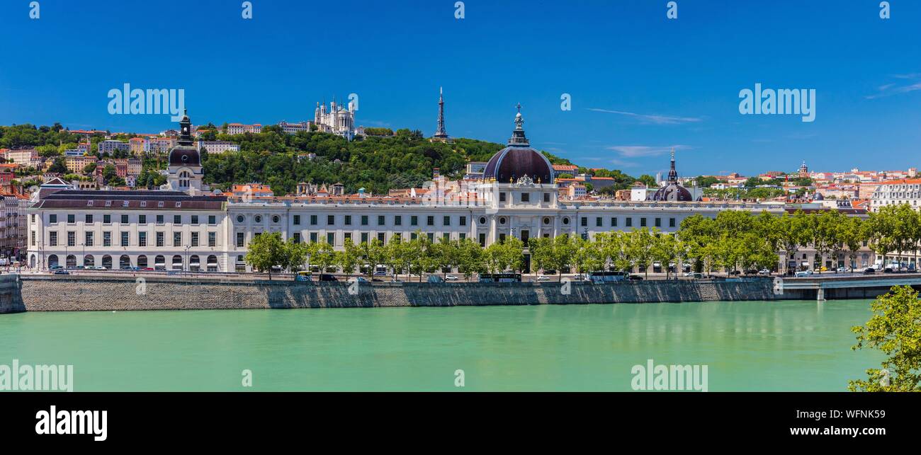 France, Rhone, Lyon, historical site listed as World Heritage by UNESCO, Rhone River banks with a view of Hotel Dieu and Notre Dame de Fourviere Basilica Stock Photo