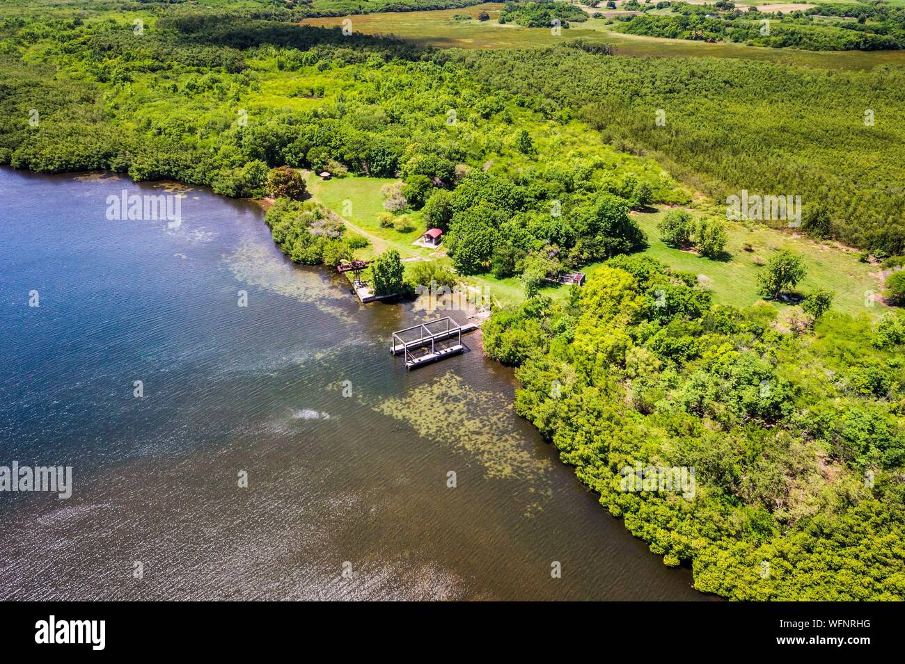 France, Caribbean, Lesser Antilles, Guadeloupe, Grand Cul-de-Sac Marin,  heart of the Guadeloupe National Park, Grande-Terre, Petit-Canal, Canal  Cove, Gaschet River, aerial view of the former sugar terminal, historical  site Stock Photo -