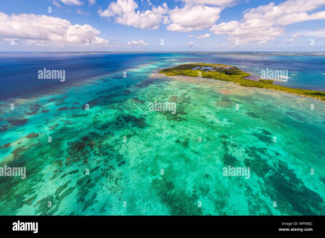 France, Caribbean, Lesser Antilles, Guadeloupe, Grand Cul-de-Sac Marin, heart of the Guadeloupe National Park, Basse-Terre, aerial view of the Fajou Islet and the longest coral reef (25 km) of the Lesser Antilles, Biosphere Reserve of the Archipelago of Guadeloupe Stock Photo