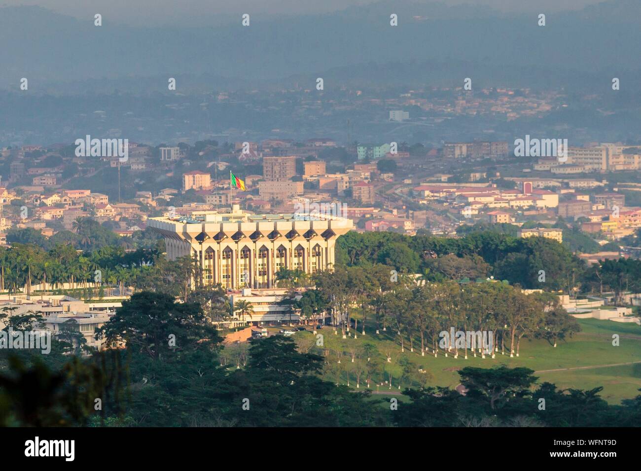 Cameroon, Centre Region, Mfoundi Department, Yaounde, Mount Febe, elevated view of the Unity Palace by architect Olivier Clement Cacoub, headquarters of State Presidency Stock Photo