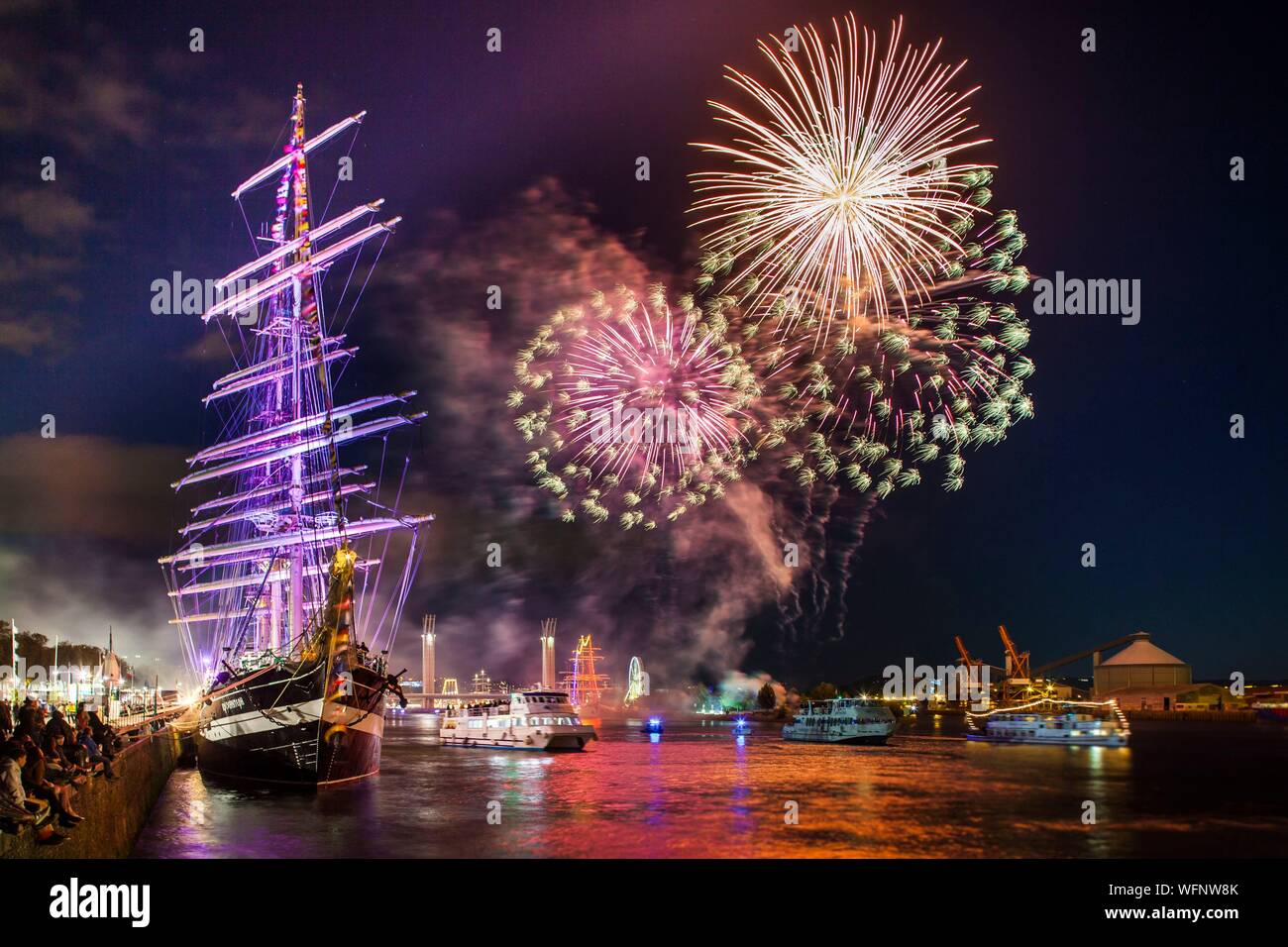 France, Seine Maritime, Rouen, Armada 2019, fireworks and tall ships reflection on the Seine River Stock Photo
