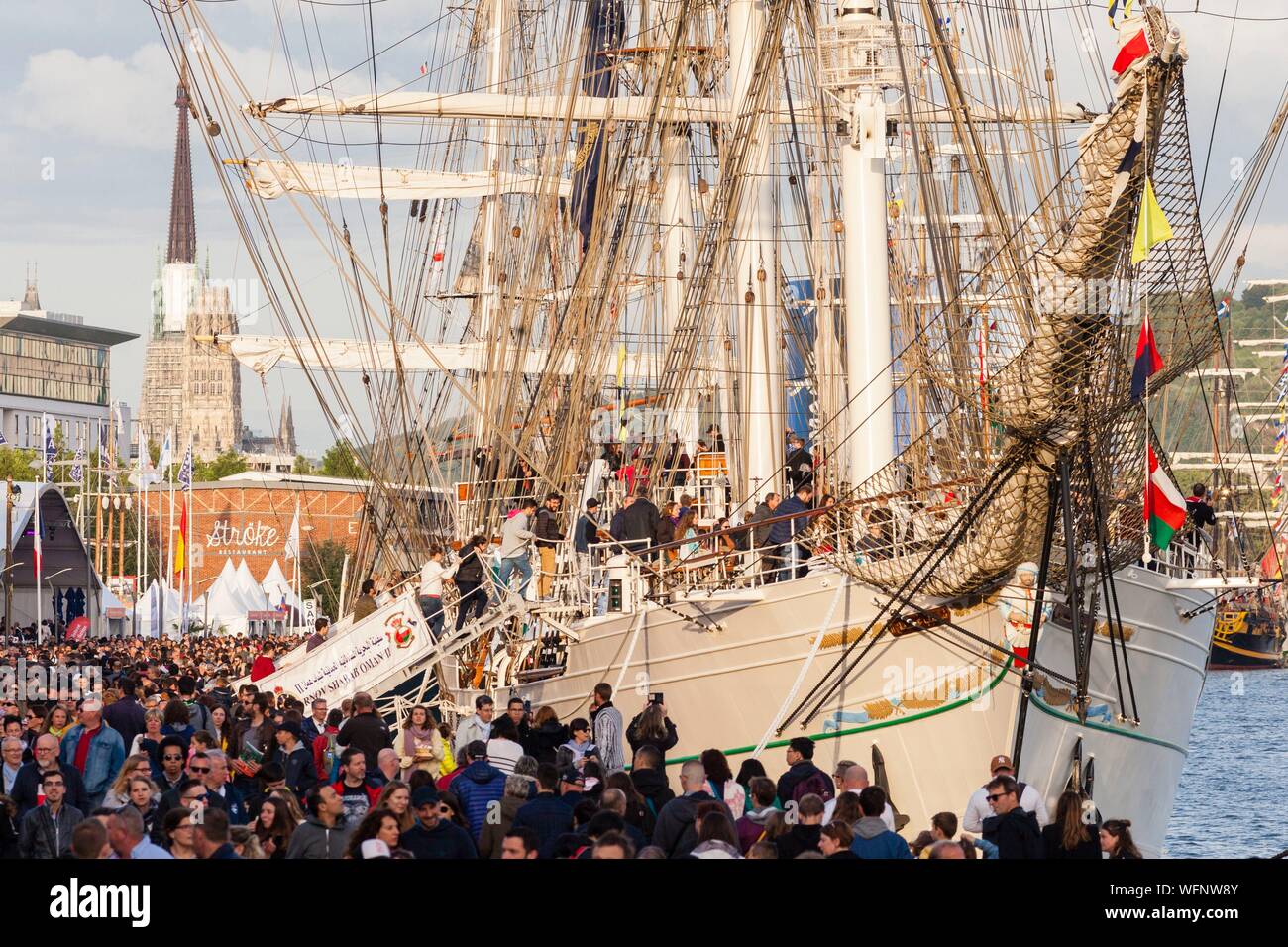 France, Seine Maritime, Rouen, Armada 2019, elevated view on the crowd of visitors and on moored tall ships Stock Photo