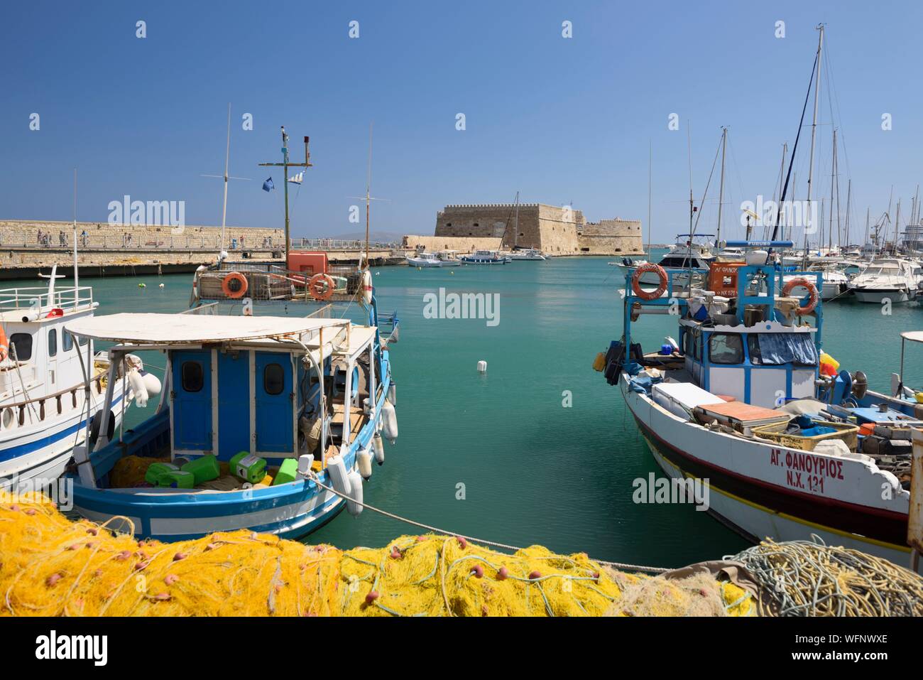 Greece, Crete, Heraklion, port of Heraklion and the fortress of Heraklion called fortress of Koules which is a Venetian building dating from 1523 Stock Photo