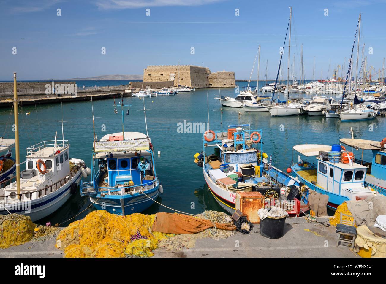 Greece, Crete, Heraklion, port of Heraklion and the fortress of Heraklion called fortress of Koules which is a Venetian building dating from 1523 Stock Photo