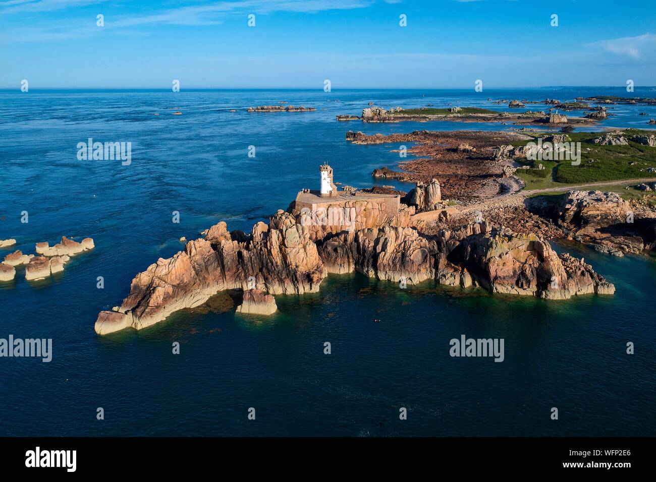 France, Cotes d'Armor, ile de Brehat, lighthouse at Pointe du Paon (aerial view) Stock Photo