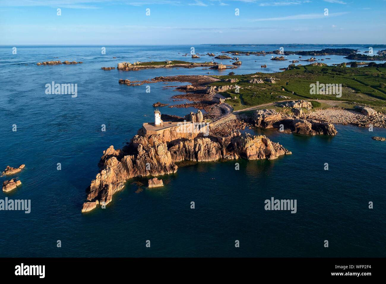 France, Cotes d'Armor, ile de Brehat, lighthouse at Pointe du Paon (aerial view) Stock Photo