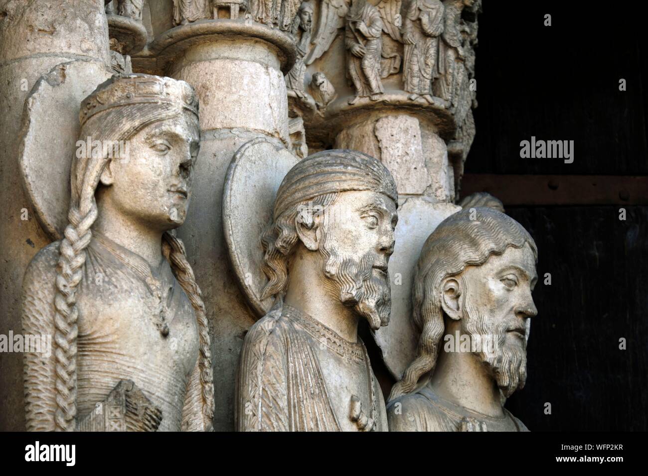 France, Eure et Loir, Chartres, Notre Dame cathedral listed as World Heritage by UNESCO, royal portal, right bay, statues of the left splay Stock Photo
