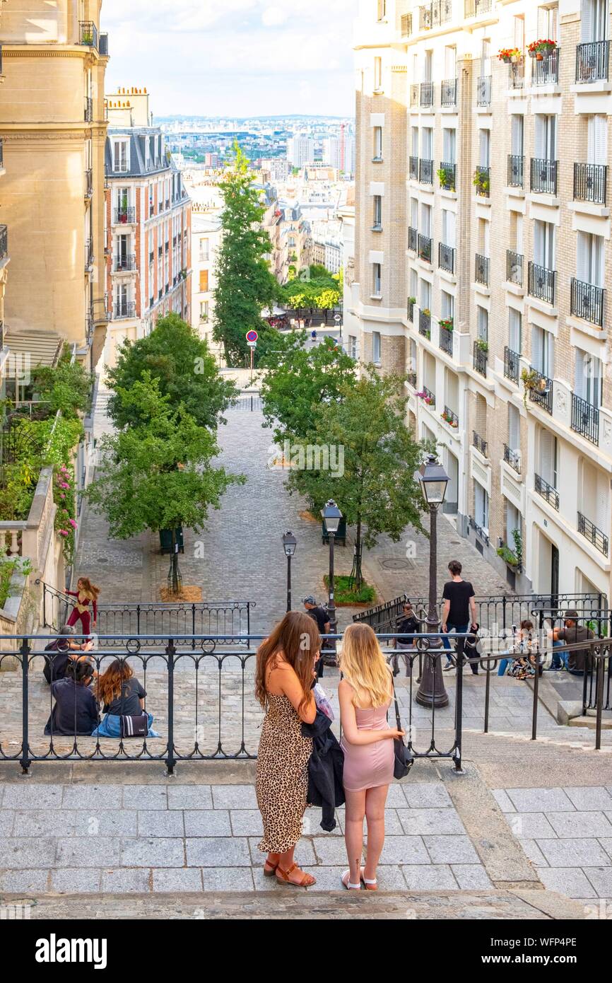 France, Paris, Butte Montmartre, stairs of the Rue du Mont Cenis Stock Photo