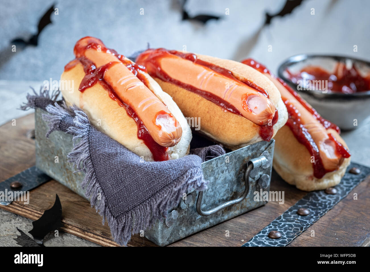 Creepy Halloween hot dogs look like a bloody fingers Stock Photo Alamy