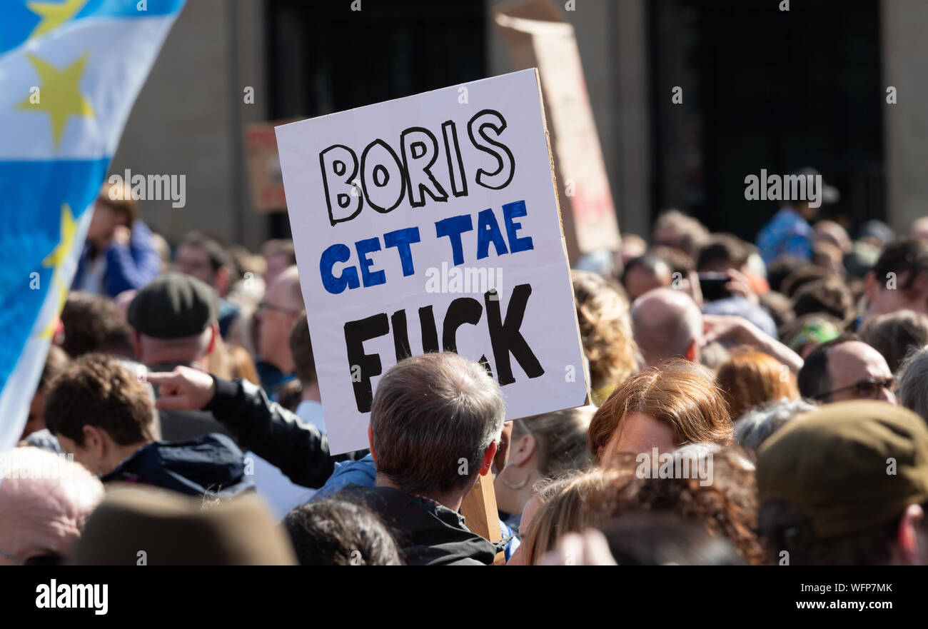 GLASGOW, SCOTLAND, UK. 31st August, 2019. Protesters at the Stop the Coup - Defend democracy rally in Glasgow's George Square. Stock Photo