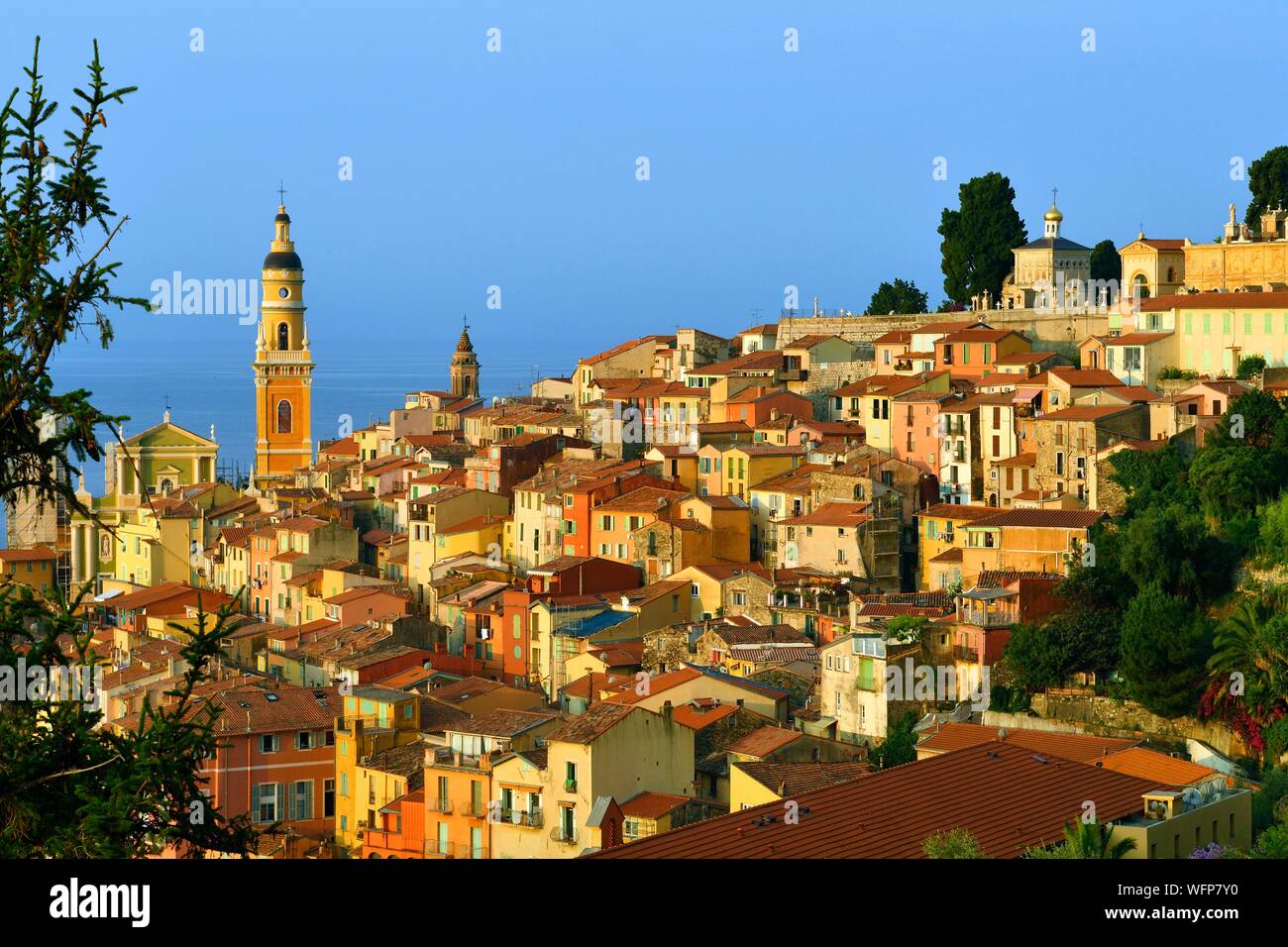 France, Alpes Maritimes, Menton, the old town dominated by the Saint Michel Archange basilica Stock Photo