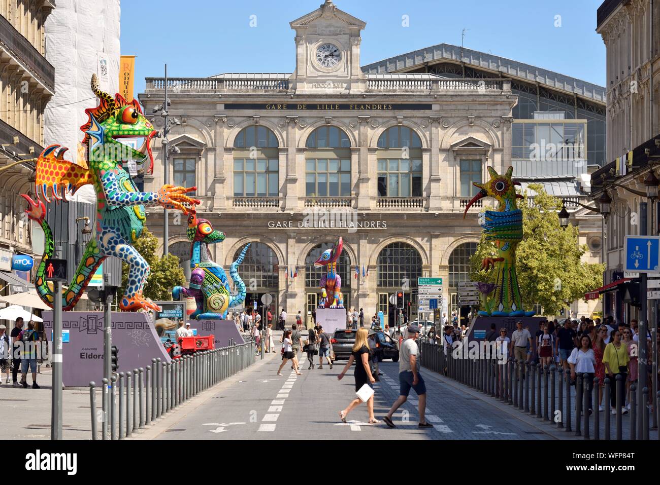 France, Nord, Lille, Faidherbe street and Lille Flandres station, statue of  the temporary exhibition Eldorado as part of Lille 3000 Stock Photo - Alamy