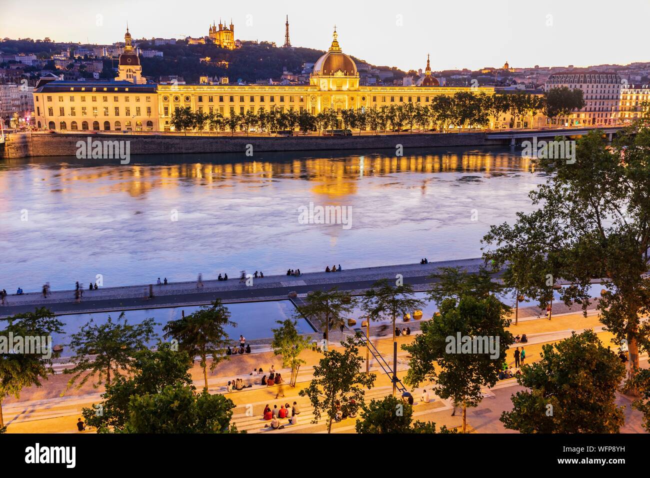 France, Rhone, Lyon, historical site listed as World Heritage by UNESCO, quay Victor Augagneur, Rhone River banks with a view of Hotel Dieu and Notre Dame de Fourviere Basilica Stock Photo