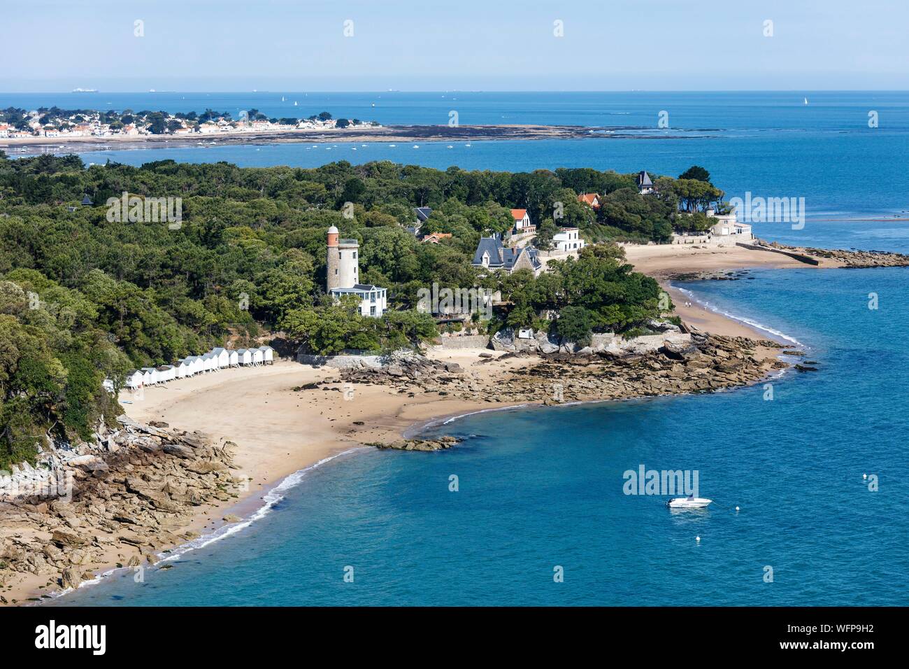 France, Vendee, Noirmoutier en l'Ile, L'Anse Rouge beach and Plantier tower (aerial view) Stock Photo
