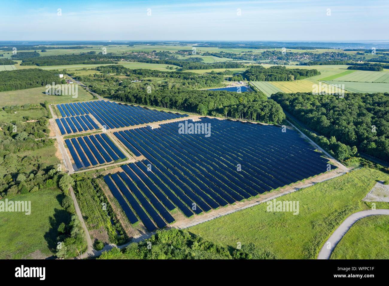 France, Eure (27), Saint-Marcel, Terres Neuves 1, the largest photovoltaic power plant in Normandy. carried out by the RES group on the site of the CNPP Pôle européen de sécurité (aerial view) Stock Photo