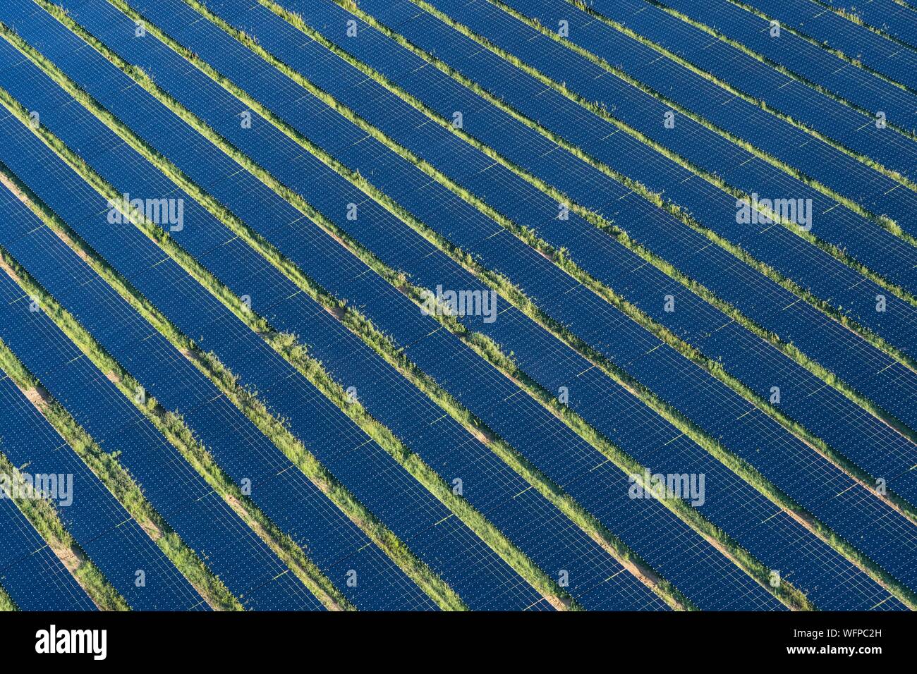 France, Eure (27), Saint-Marcel, Terres Neuves 1, the largest photovoltaic power plant in Normandy. carried out by the RES group on the site of the CNPP Pôle européen de sécurité (aerial view) Stock Photo