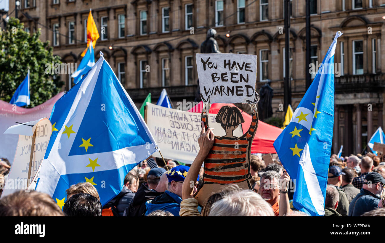 GLASGOW, SCOTLAND, UK. 31st August, 2019. Protesters at the Stop the Coup - Defend democracy rally in Glasgow's George Square. Stock Photo