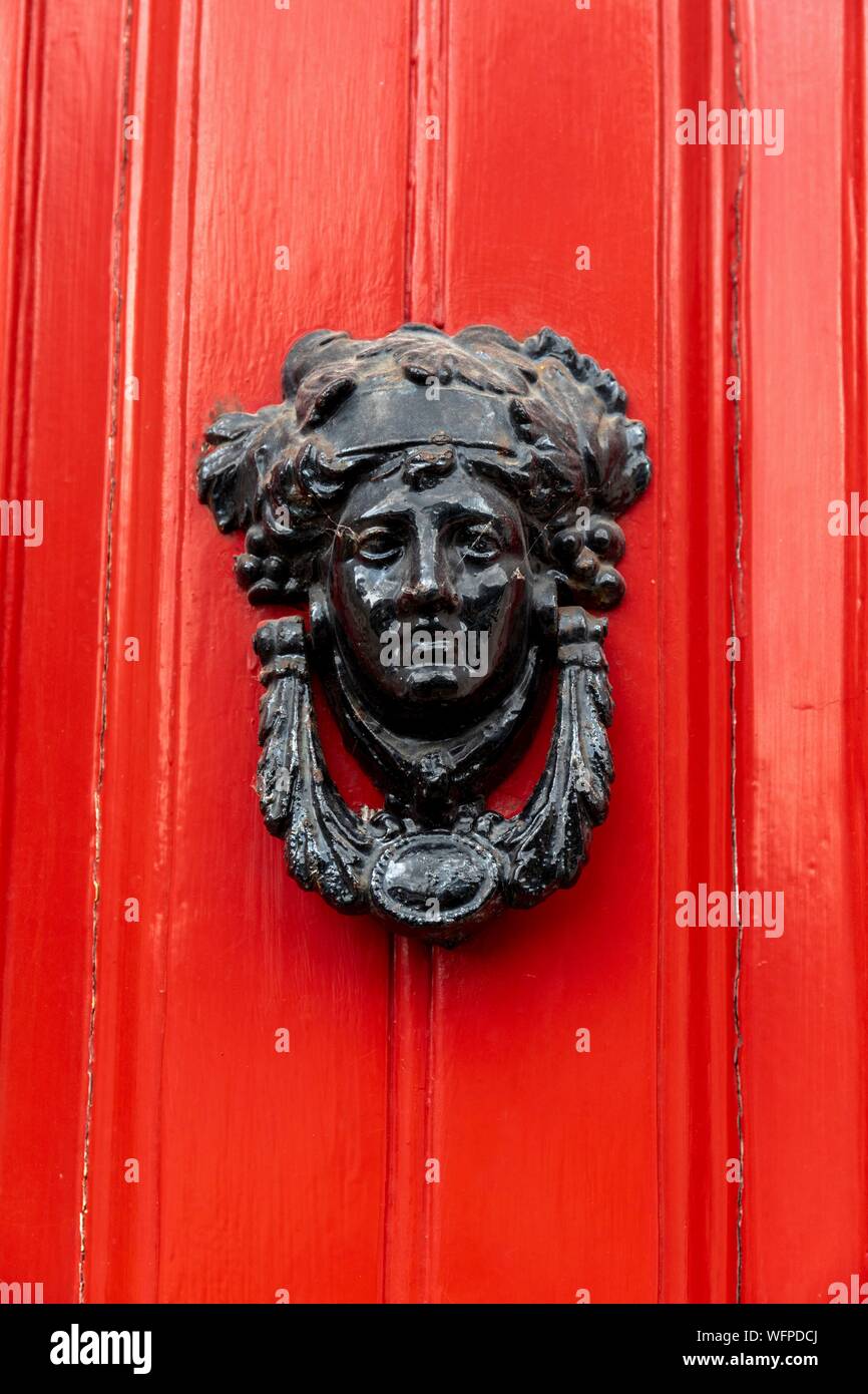 Ireland, Dublin, Merrion Square, the famous colorful doors and their brass knobs and handles
