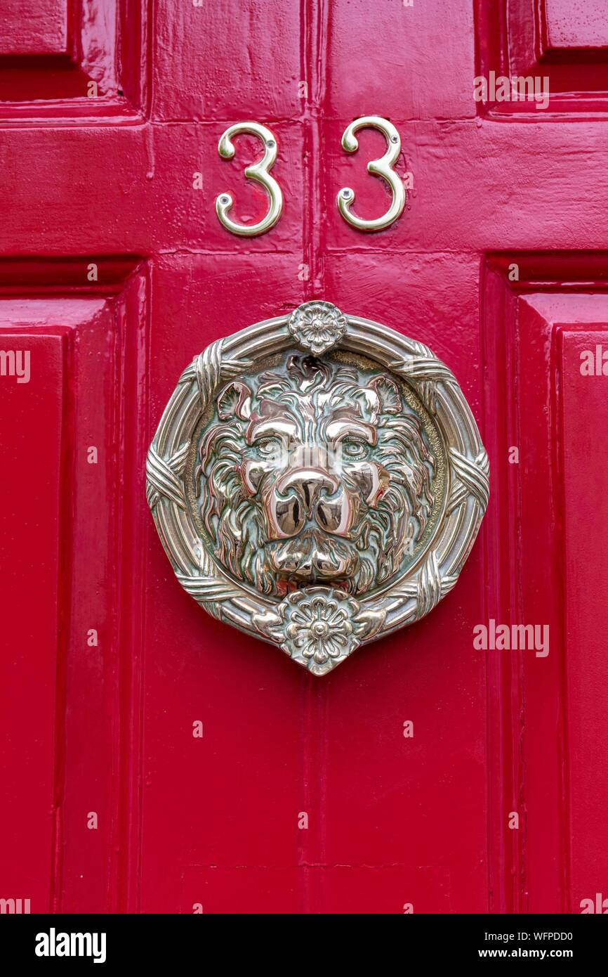 Ireland, Dublin, Merrion Square, the famous colorful doors and their brass knobs and handles