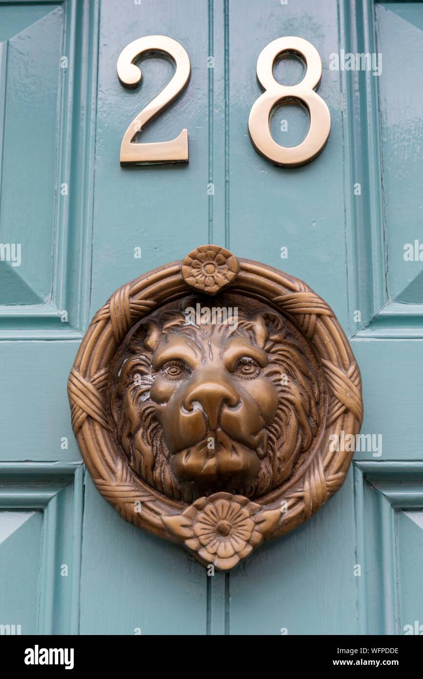 Ireland, Dublin, Merrion Square, the famous colorful doors and their brass knobs and handles