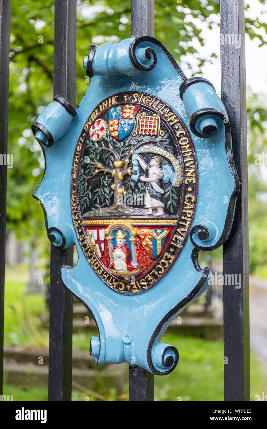 Ireland, Dublin, St. Patrick's Cathedral, religious medallion on the entrance gate Stock Photo