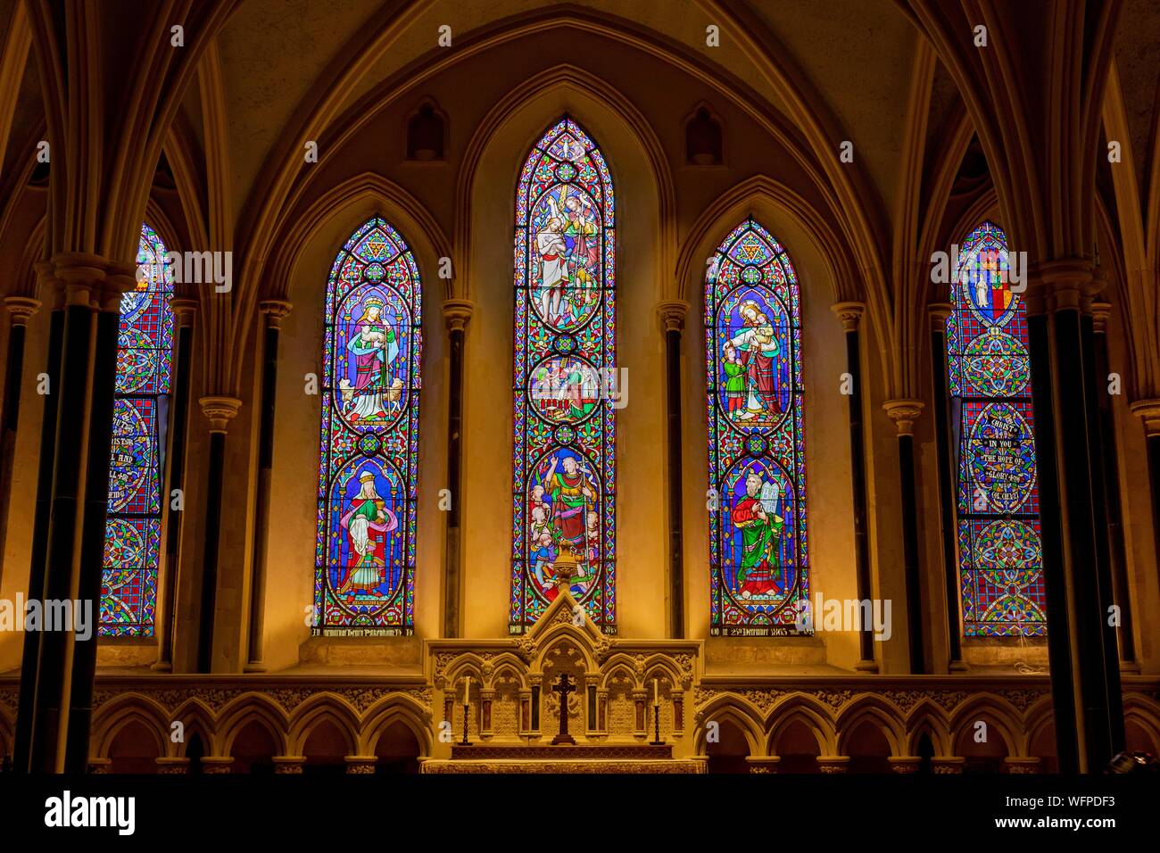 Ireland, Dublin, St. Patrick's Cathedral, Anglican worship's siege of the Irish Church, stained-glass windows describing the different periods of the St Patrick's life Stock Photo
