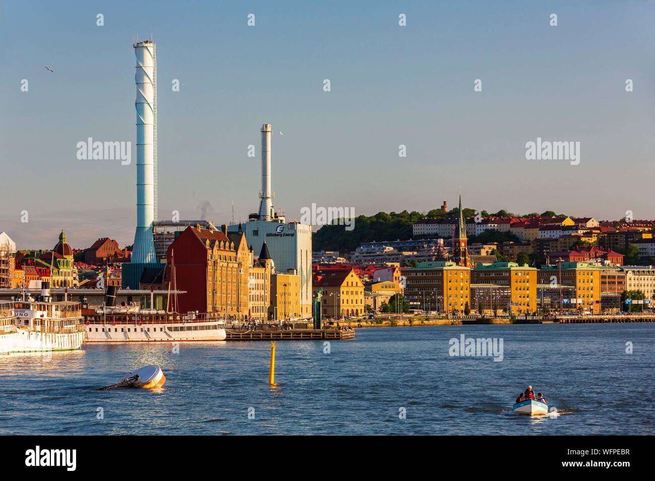 Sweden, Vastra Gotaland, Goteborg (Gothenburg), view of the thermal power plant of the city and the Oscar Fredrik church Stock Photo
