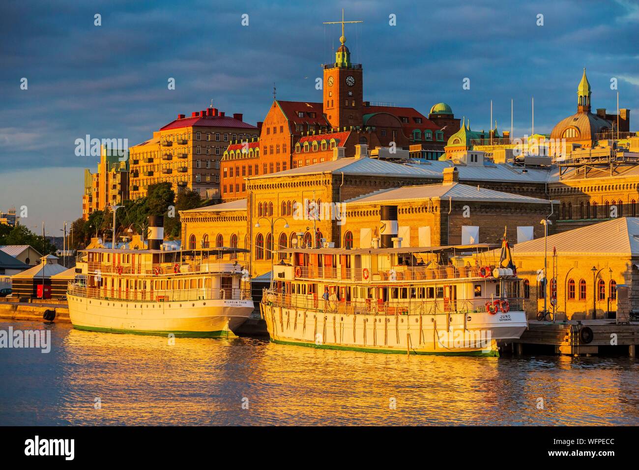 Sweden, Vastra Gotaland, Goteborg (Gothenburg), the roofs of the buildings of the company ASECO on Packhusplatsen and Kvarnberget and his clock Stock Photo