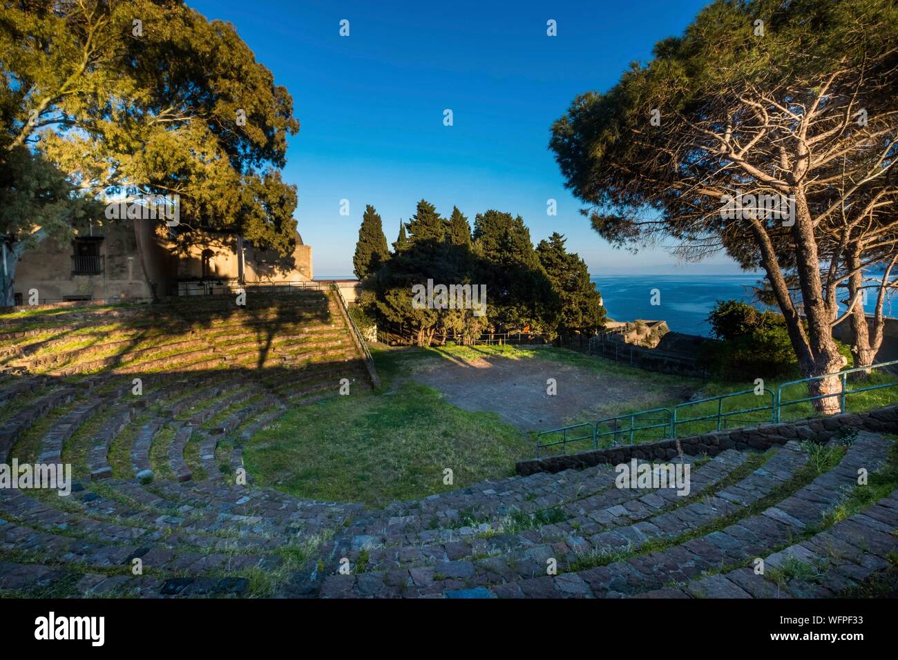 Italy, Sicily, Eolian Islands listed as World Heritage by UNESCO, Lipari, Greek-Roman amphitheater (4th-2nd centurry B.C.) in the citadel's gardens Stock Photo