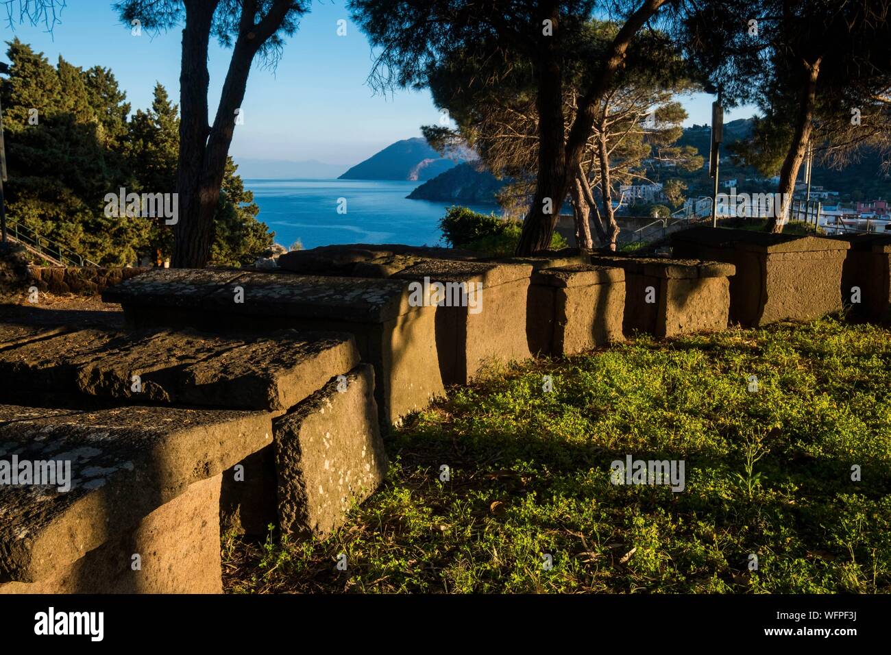 Italy, Sicily, Eolian Islands listed as World Heritage by UNESCO, Lipari, Greek-Roman sarcophagi (4th-2nd centurry B.C.) in the citadel's gardens Stock Photo