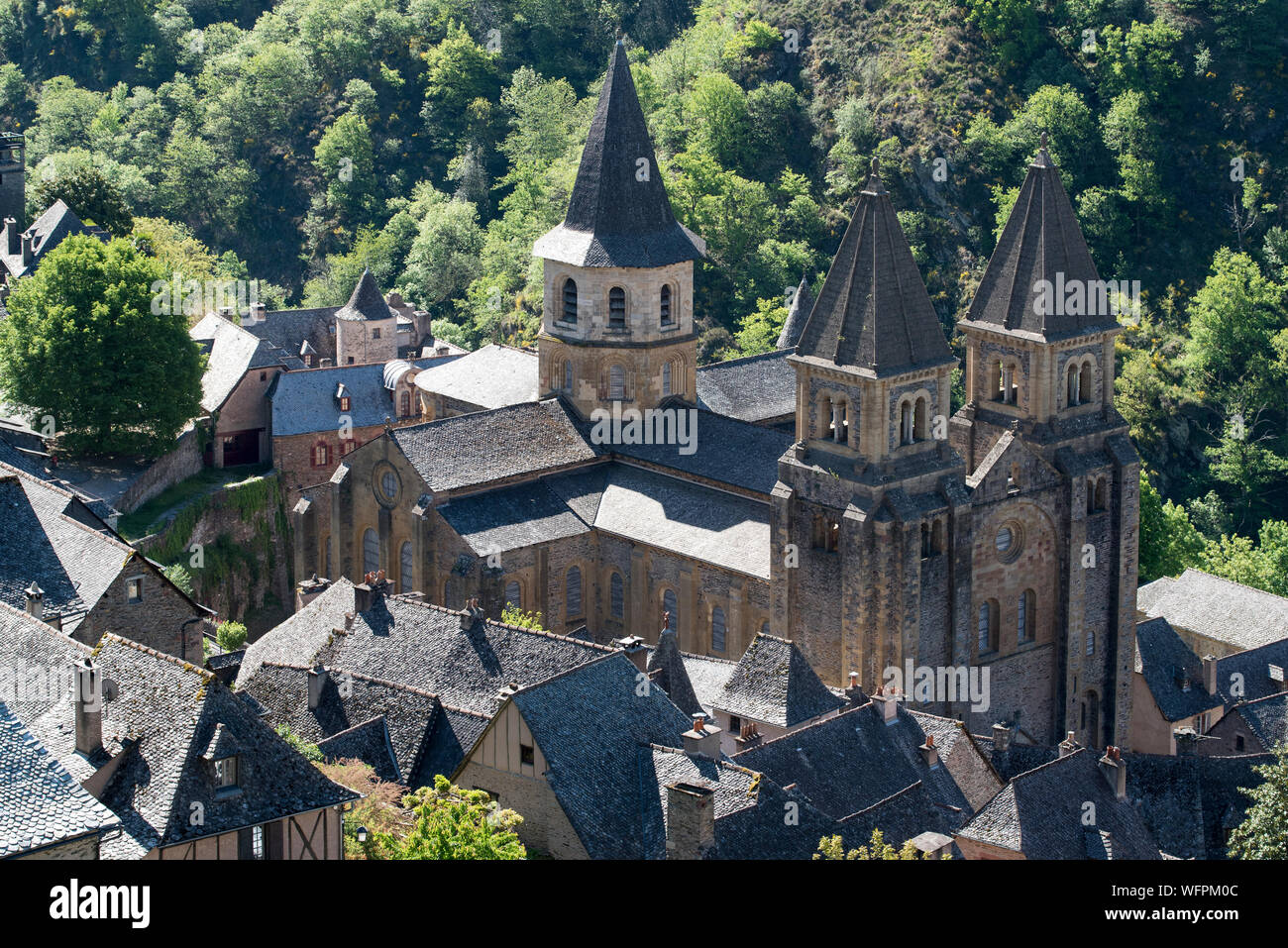 France, Aveyron, Conques, labeled the Most Beautiful Villages of France, Romanesque Abbey of Saint Foy from 11th Century, listed as World Heritage by UNESCO Stock Photo