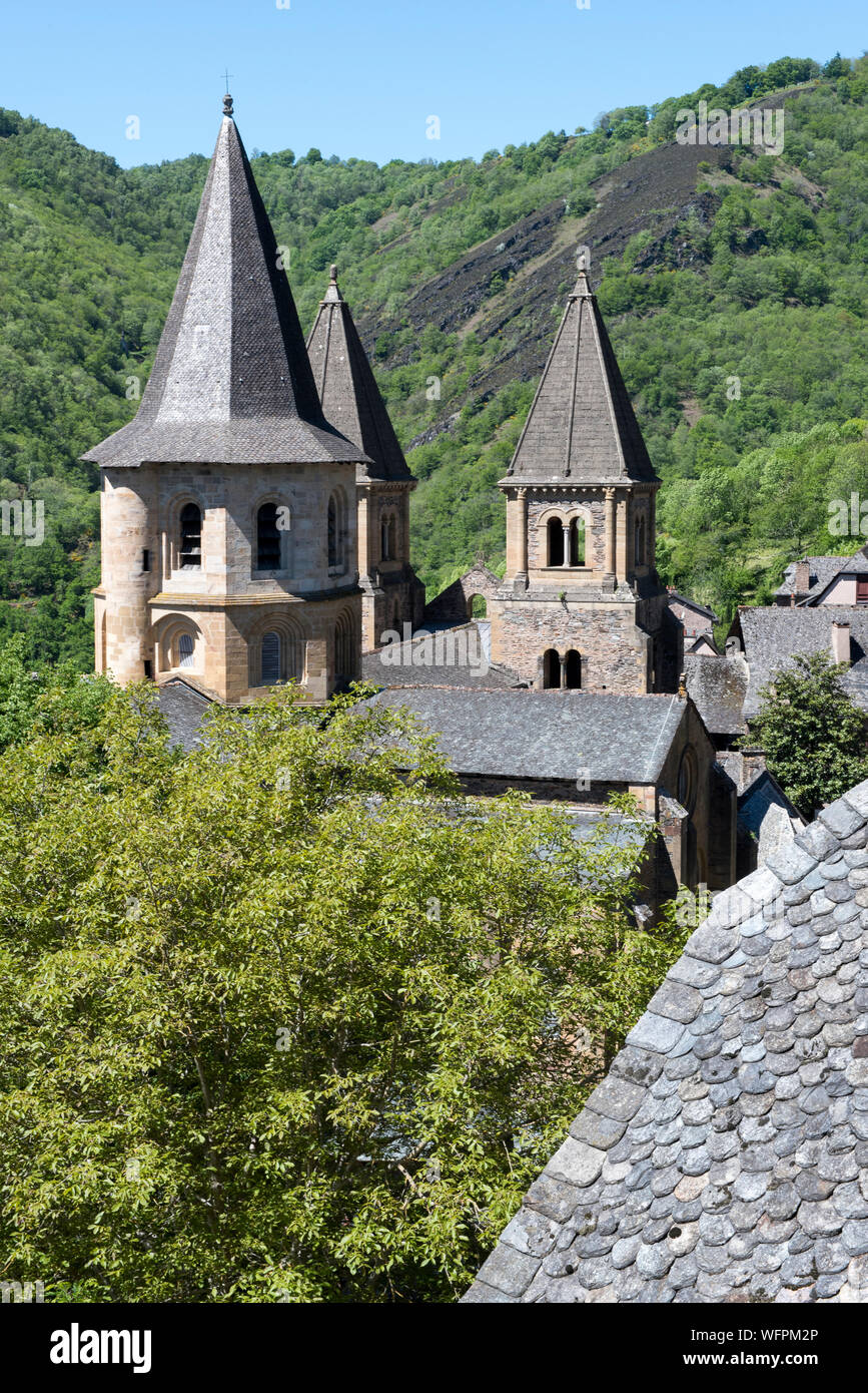France, Aveyron, Conques, labeled the Most Beautiful Villages of France, Romanesque Abbey of Saint Foy from 11th Century, listed as World Heritage by UNESCO Stock Photo